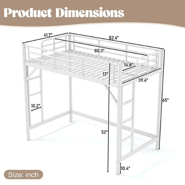 English Elm Twin XL Metal Loft Bed with Guardrails and Dual Ladders for Dorm or Teen Room W1580P455014
