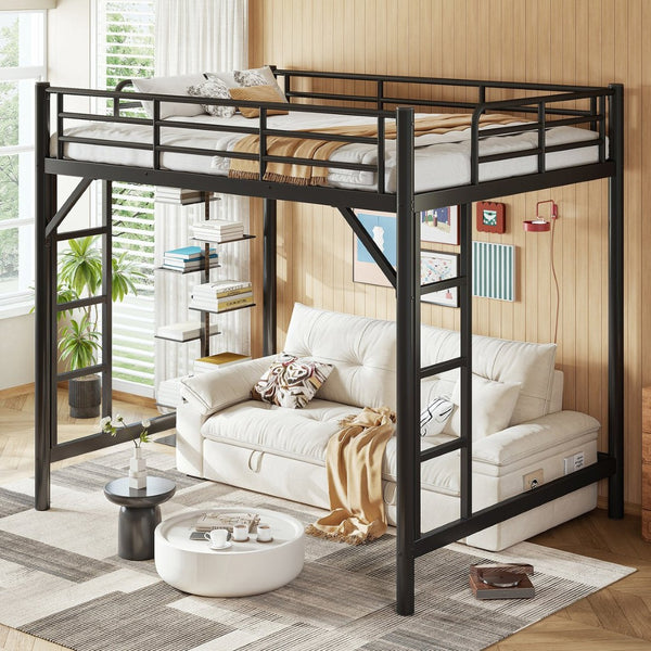 English Elm Full Size Iron Loft Bed with Dual Ladders Guardrails and Open Floor Space Below Black W1580P455015