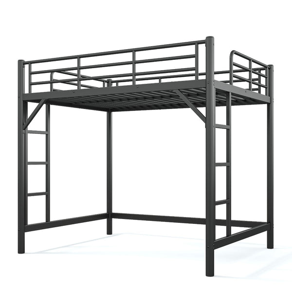 English Elm Full Size Iron Loft Bed with Dual Ladders Guardrails and Open Floor Space Below Black W1580P455015