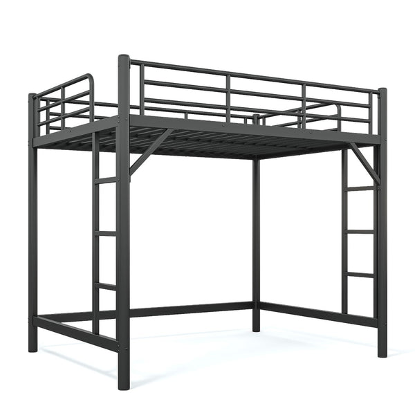 English Elm Full Size Iron Loft Bed with Dual Ladders Guardrails and Open Floor Space Below Black W1580P455015