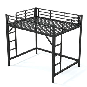 English Elm Full Size Iron Loft Bed with Dual Ladders Guardrails and Open Floor Space Below Black W1580P455015