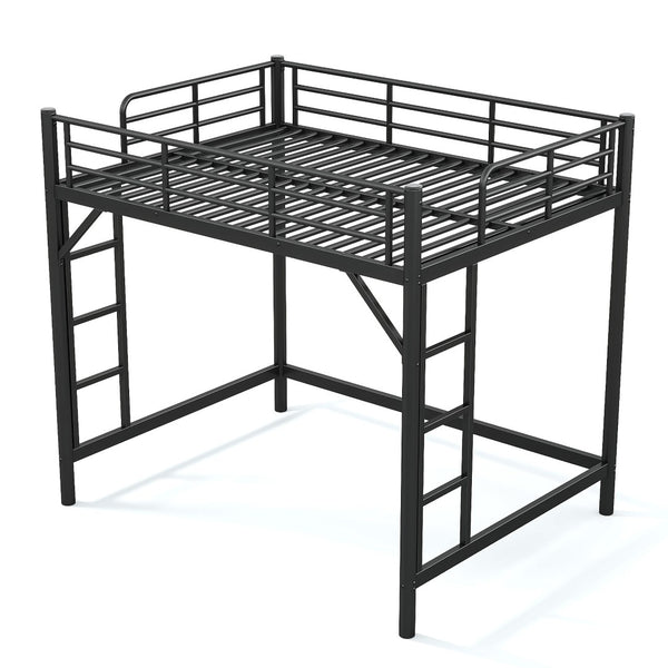 English Elm Full Size Iron Loft Bed with Dual Ladders Guardrails and Open Floor Space Below Black W1580P455015
