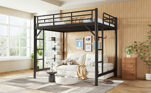 English Elm Full Size Iron Loft Bed with Dual Ladders Guardrails and Open Floor Space Below Black W1580P455015