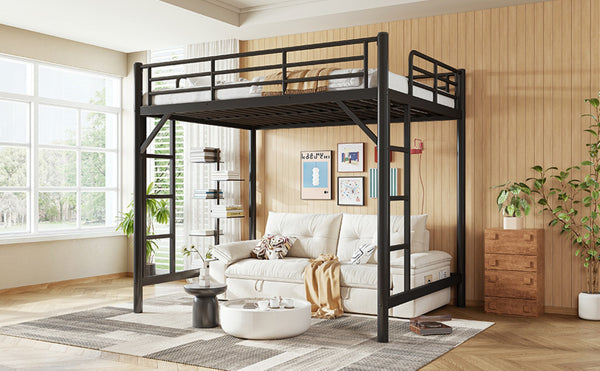 English Elm Full Size Iron Loft Bed with Dual Ladders Guardrails and Open Floor Space Below Black W1580P455015