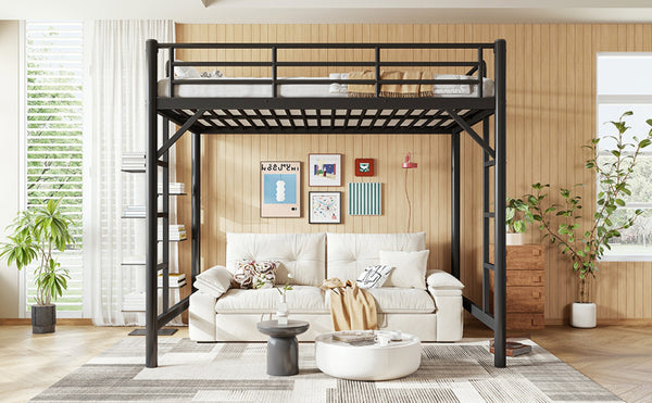 English Elm Full Size Iron Loft Bed with Dual Ladders Guardrails and Open Floor Space Below Black W1580P455015