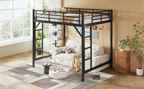 English Elm Full Size Iron Loft Bed with Dual Ladders Guardrails and Open Floor Space Below Black W1580P455015