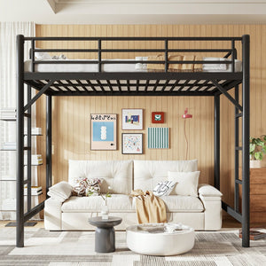 English Elm Full Size Iron Loft Bed with Dual Ladders Guardrails and Open Floor Space Below Black W1580P455015
