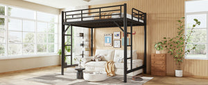English Elm Full Size Iron Loft Bed with Dual Ladders Guardrails and Open Floor Space Below Black W1580P455015