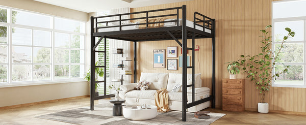 English Elm Full Size Iron Loft Bed with Dual Ladders Guardrails and Open Floor Space Below Black W1580P455015
