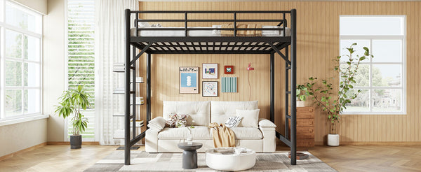 English Elm Full Size Iron Loft Bed with Dual Ladders Guardrails and Open Floor Space Below Black W1580P455015