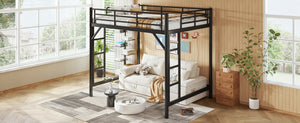 English Elm Full Size Iron Loft Bed with Dual Ladders Guardrails and Open Floor Space Below Black W1580P455015