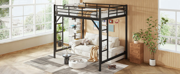 English Elm Full Size Iron Loft Bed with Dual Ladders Guardrails and Open Floor Space Below Black W1580P455015