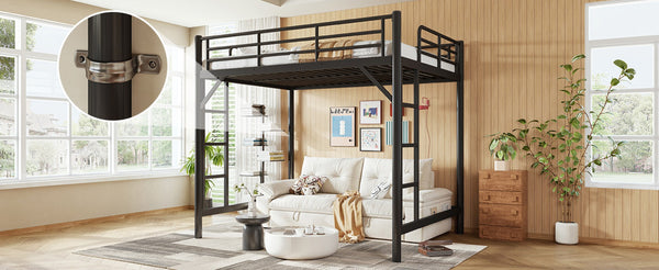 English Elm Full Size Iron Loft Bed with Dual Ladders Guardrails and Open Floor Space Below Black W1580P455015