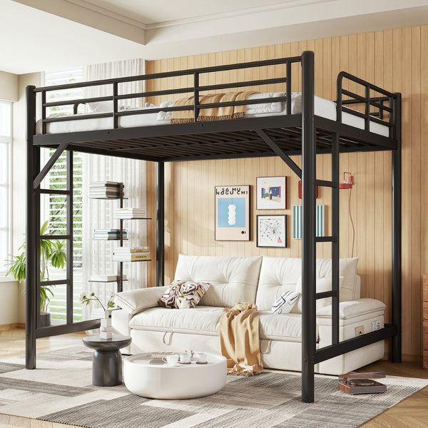 English Elm Full Size Iron Loft Bed with Dual Ladders Guardrails and Open Floor Space Below Black W1580P455015