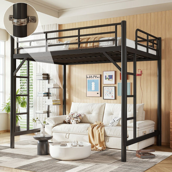 English Elm Full Size Iron Loft Bed with Dual Ladders Guardrails and Open Floor Space Below Black W1580P455015