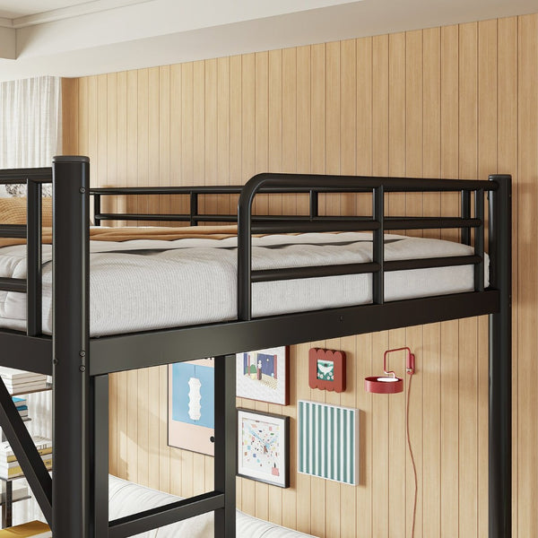 English Elm Full Size Iron Loft Bed with Dual Ladders Guardrails and Open Floor Space Below Black W1580P455015