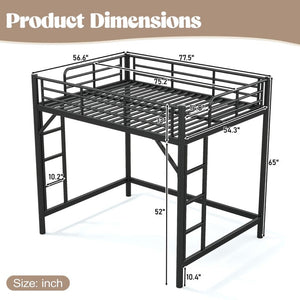 English Elm Full Size Iron Loft Bed with Dual Ladders Guardrails and Open Floor Space Below Black W1580P455015