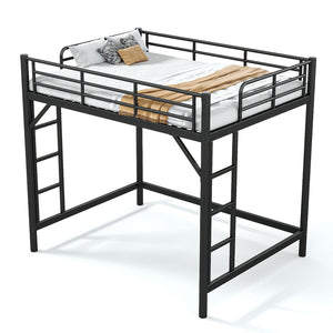 English Elm Full Size Iron Loft Bed with Dual Ladders Guardrails and Open Floor Space Below Black W1580P455015