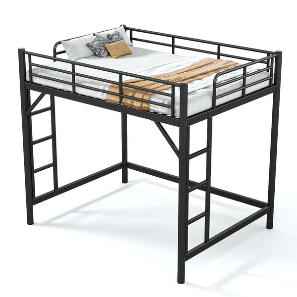 English Elm Full Size Iron Loft Bed with Dual Ladders Guardrails and Open Floor Space Below Black W1580P455015