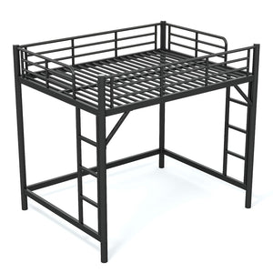 English Elm Full Size Iron Loft Bed with Dual Ladders Guardrails and Open Floor Space Below Black W1580P455015