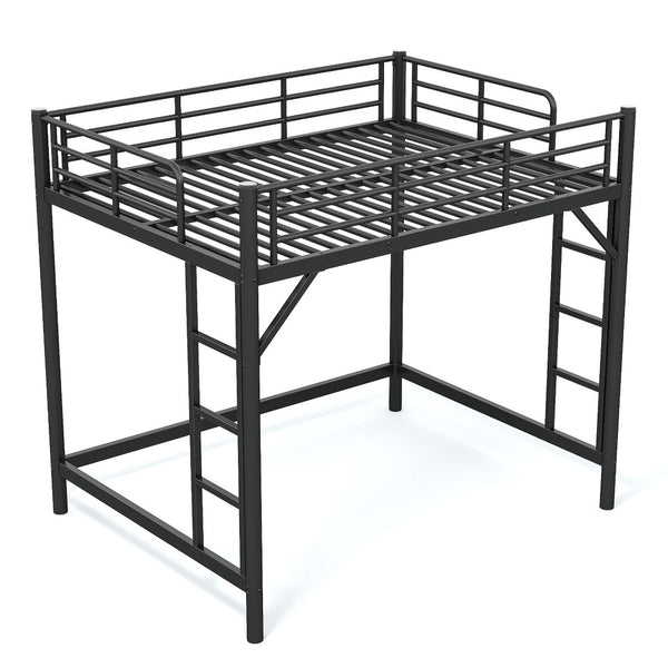 English Elm Full Size Iron Loft Bed with Dual Ladders Guardrails and Open Floor Space Below Black W1580P455015