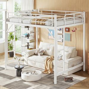 English Elm Full Size Iron Loft Bed with Dual Ladders Guardrails and Open Floor Space Below White W1580P455016