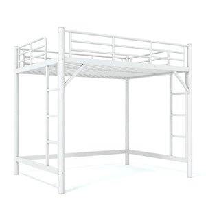 English Elm Full Size Iron Loft Bed with Dual Ladders Guardrails and Open Floor Space Below White W1580P455016