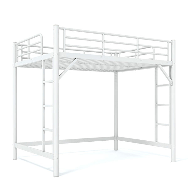 English Elm Full Size Iron Loft Bed with Dual Ladders Guardrails and Open Floor Space Below White W1580P455016