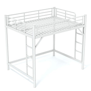 English Elm Full Size Iron Loft Bed with Dual Ladders Guardrails and Open Floor Space Below White W1580P455016