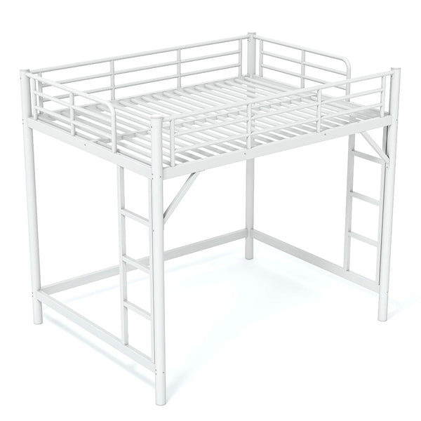 English Elm Full Size Iron Loft Bed with Dual Ladders Guardrails and Open Floor Space Below White W1580P455016