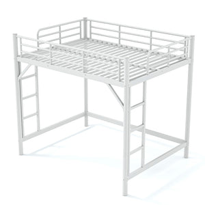 English Elm Full Size Iron Loft Bed with Dual Ladders Guardrails and Open Floor Space Below White W1580P455016