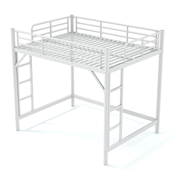English Elm Full Size Iron Loft Bed with Dual Ladders Guardrails and Open Floor Space Below White W1580P455016