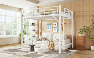 English Elm Full Size Iron Loft Bed with Dual Ladders Guardrails and Open Floor Space Below White W1580P455016