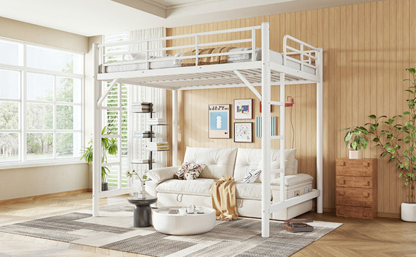 English Elm Full Size Iron Loft Bed with Dual Ladders Guardrails and Open Floor Space Below White W1580P455016