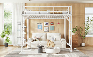 English Elm Full Size Iron Loft Bed with Dual Ladders Guardrails and Open Floor Space Below White W1580P455016