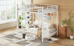 English Elm Full Size Iron Loft Bed with Dual Ladders Guardrails and Open Floor Space Below White W1580P455016