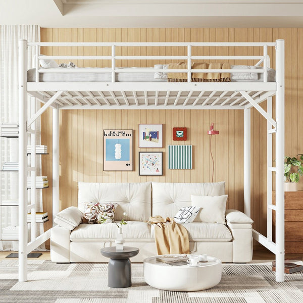 English Elm Full Size Iron Loft Bed with Dual Ladders Guardrails and Open Floor Space Below White W1580P455016