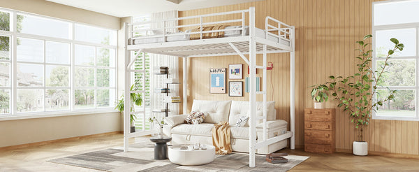 English Elm Full Size Iron Loft Bed with Dual Ladders Guardrails and Open Floor Space Below White W1580P455016