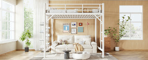 English Elm Full Size Iron Loft Bed with Dual Ladders Guardrails and Open Floor Space Below White W1580P455016