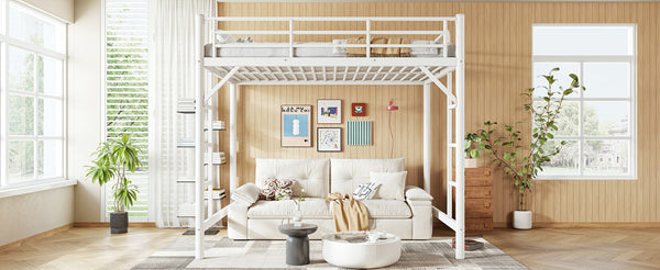 English Elm Full Size Iron Loft Bed with Dual Ladders Guardrails and Open Floor Space Below White W1580P455016