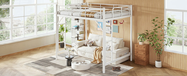 English Elm Full Size Iron Loft Bed with Dual Ladders Guardrails and Open Floor Space Below White W1580P455016
