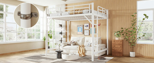 English Elm Full Size Iron Loft Bed with Dual Ladders Guardrails and Open Floor Space Below White W1580P455016