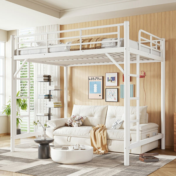 English Elm Full Size Iron Loft Bed with Dual Ladders Guardrails and Open Floor Space Below White W1580P455016
