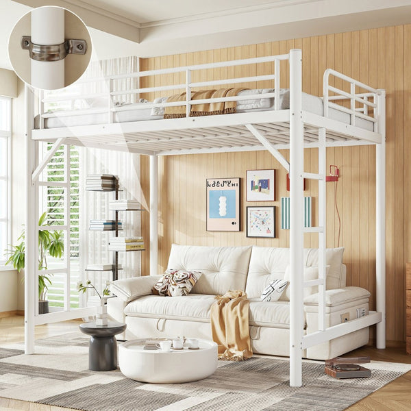 English Elm Full Size Iron Loft Bed with Dual Ladders Guardrails and Open Floor Space Below White W1580P455016