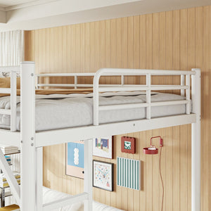 English Elm Full Size Iron Loft Bed with Dual Ladders Guardrails and Open Floor Space Below White W1580P455016