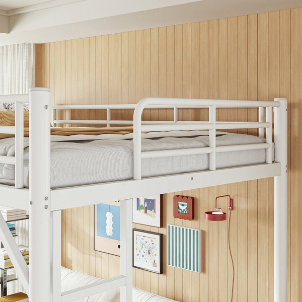 English Elm Full Size Iron Loft Bed with Dual Ladders Guardrails and Open Floor Space Below White W1580P455016