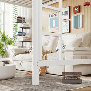 English Elm Full Size Iron Loft Bed with Dual Ladders Guardrails and Open Floor Space Below White W1580P455016