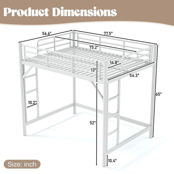 English Elm Full Size Iron Loft Bed with Dual Ladders Guardrails and Open Floor Space Below White W1580P455016