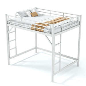 English Elm Full Size Iron Loft Bed with Dual Ladders Guardrails and Open Floor Space Below White W1580P455016