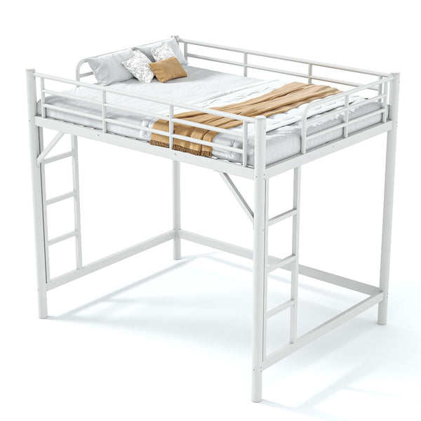English Elm Full Size Iron Loft Bed with Dual Ladders Guardrails and Open Floor Space Below White W1580P455016